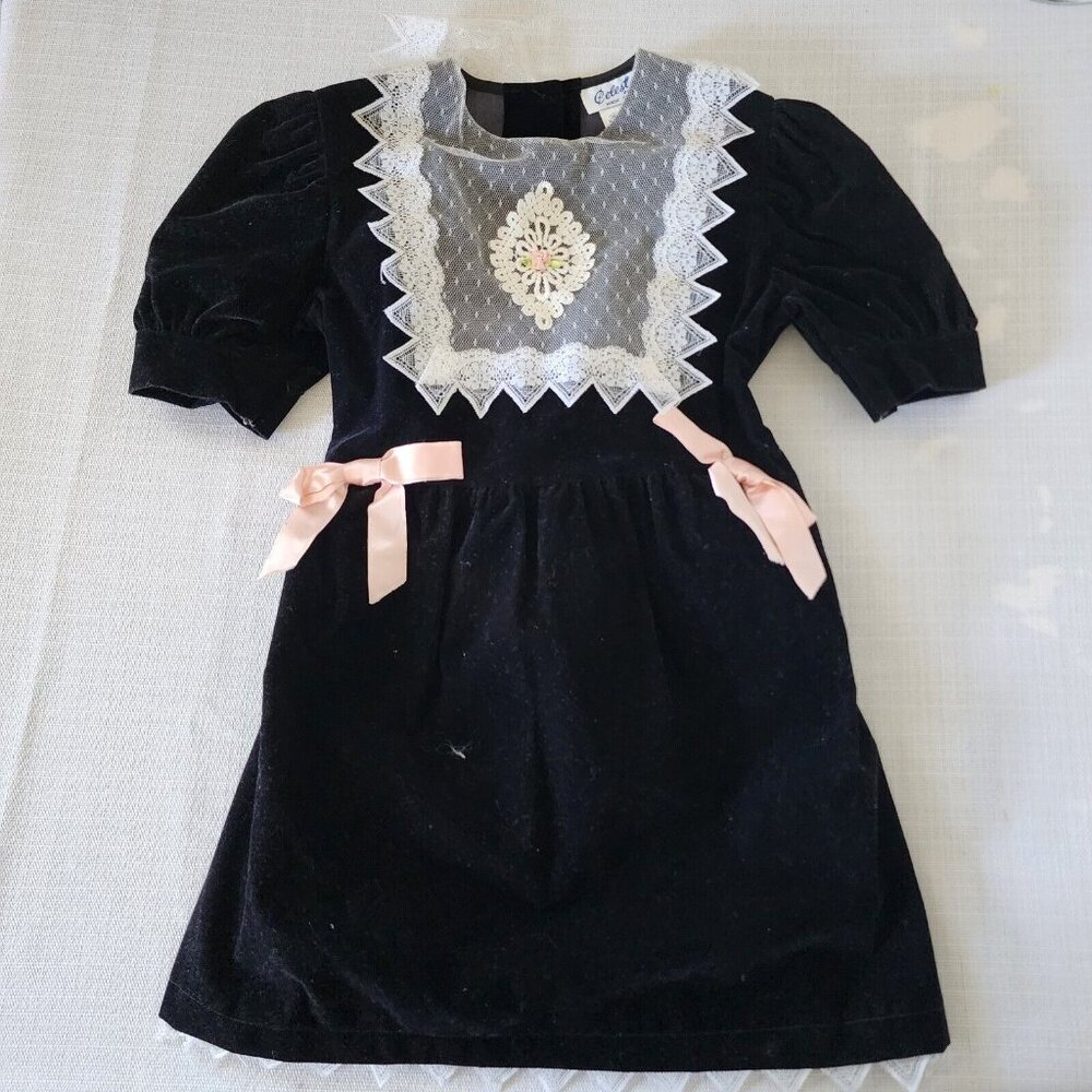 Vintage Celeste Originals 6X Girls Velvet Black Dress White Bib Holiday ILGWU